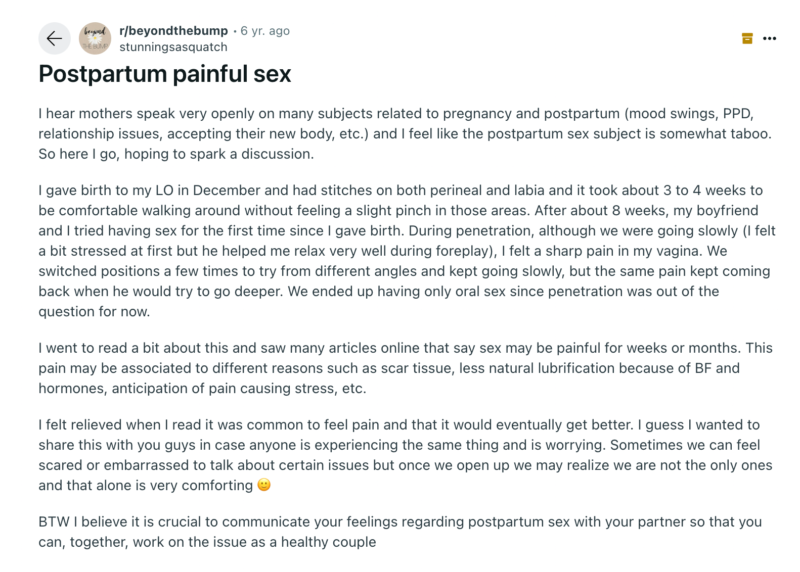 A Reddit user discussing painful sex after birth. 