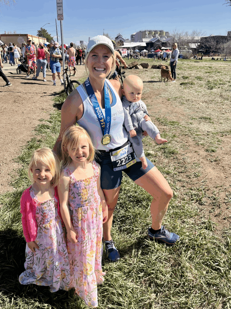 Mom running while breastfeeding, finishing a half-marathon. 