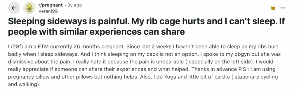Post on Reddit describing unfomfortable symptoms and asking for advice on how to sleep with rib pain during pregnancy.