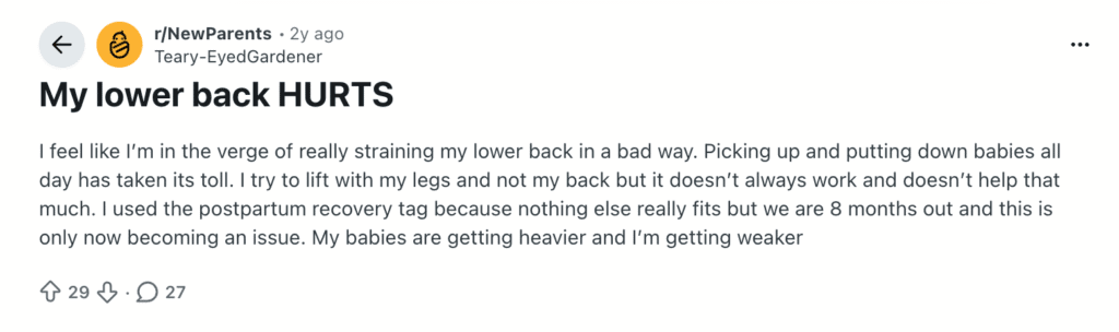 Mom on Reddit complaining about postpartum back pain.
