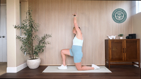 Half-kneeling hip flexor stretch to help with round ligament pain in pregnancy.