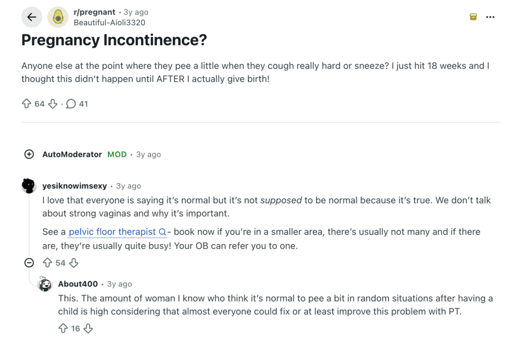 A Reddit thread about urine leakage during pregnancy.
